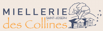 Logo de la Mielerie Saint-Joseph des Collines avec ruches, arbres et abeilles en vol. Typographie bleue et orange sur fond crème.
